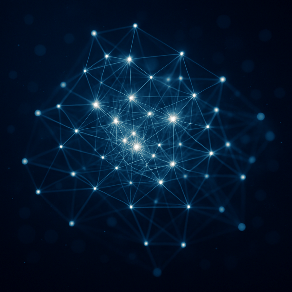 Glowing abstract network of connected nodes forming an organic web against deep indigo