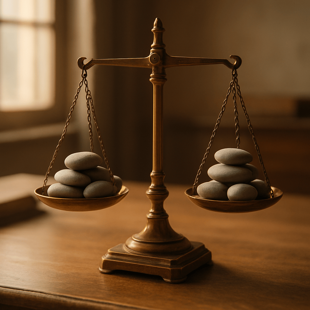 Brass balance scale with smooth stones representing calibrated weighting for different hiring role levels