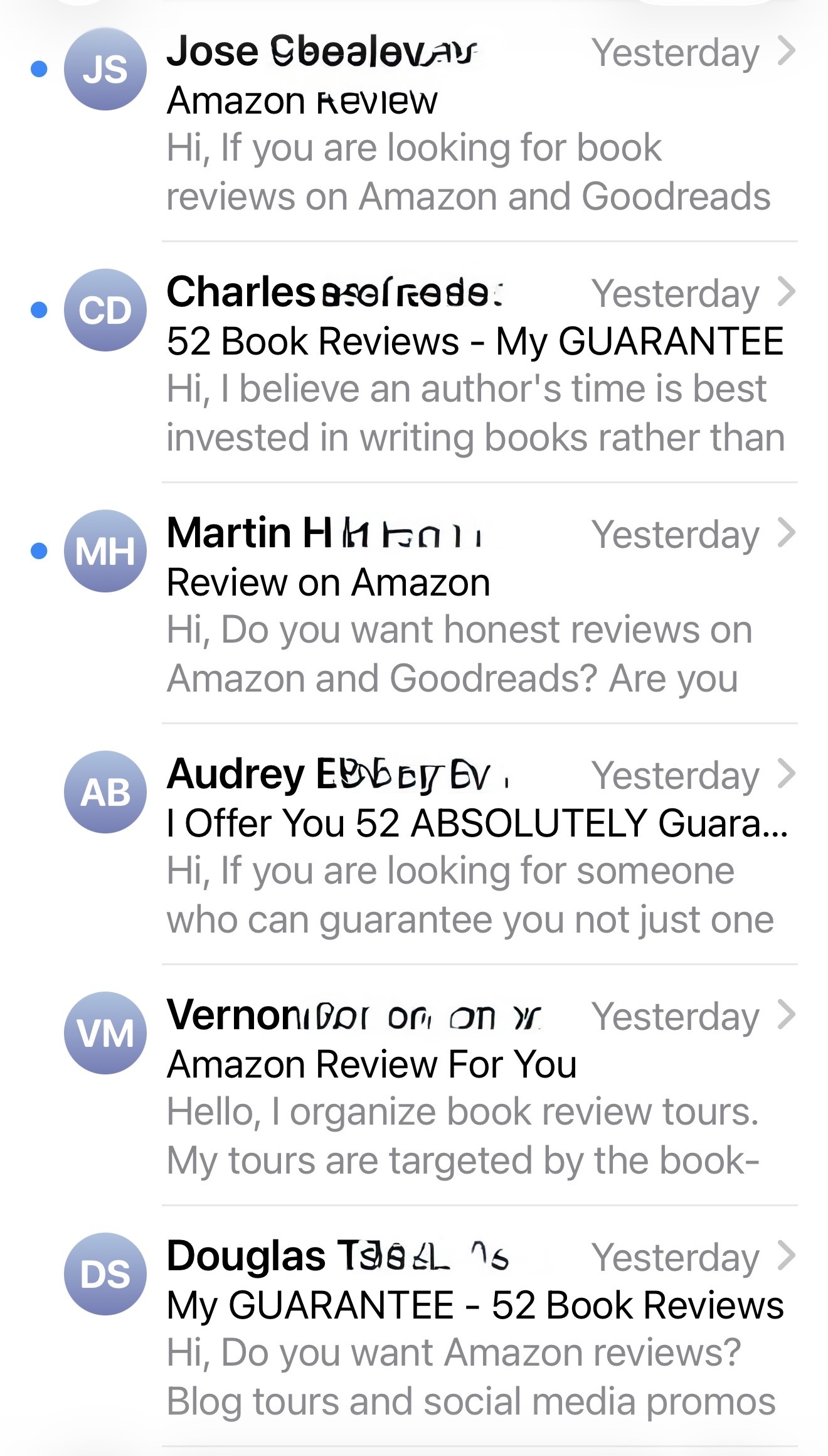 Multiple unsolicited emails offering guaranteed Amazon and Goodreads reviews to an indie author