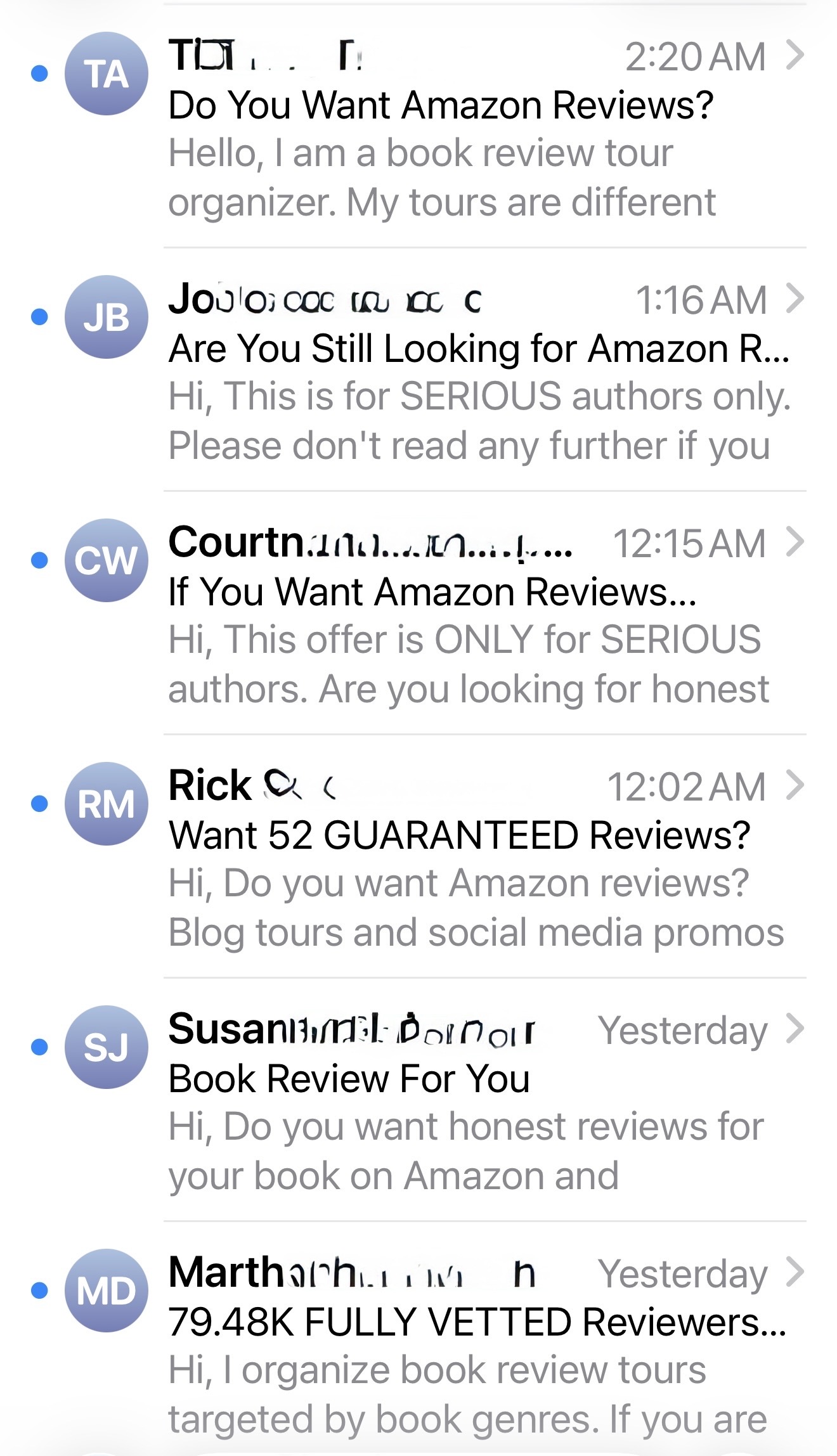 Inbox filled with suspicious book review offers and guaranteed Amazon review emails