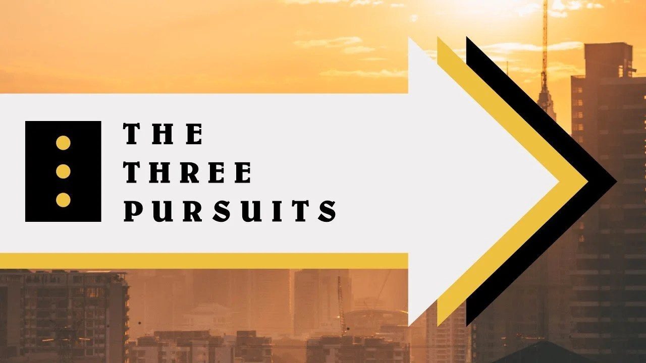 Title card reading The Three Pursuits, over a city skyline at sunset.