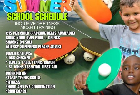 Luton Table Tennis Club School Summer Schedule