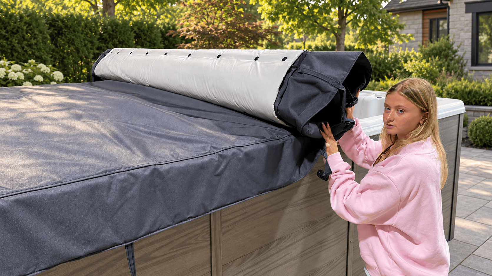 Roll-up swim spa cover being lifted from the pool