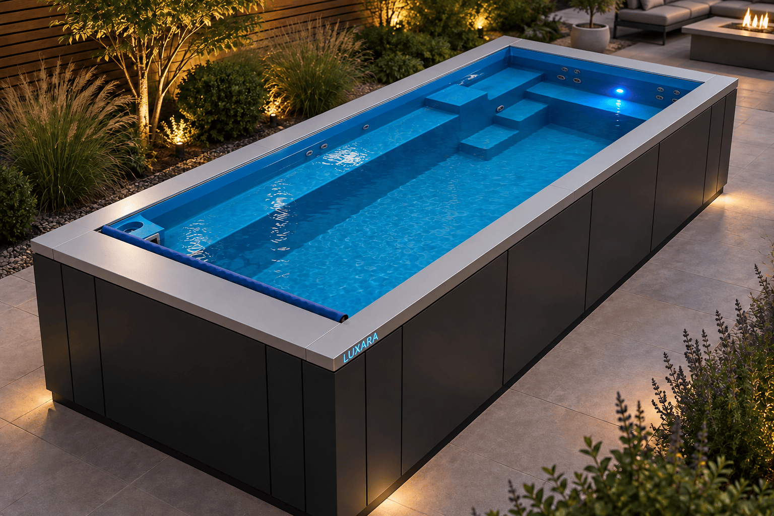 Luxara Architectural Spa Pool on a landscaped backyard terrace