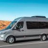 Modern Class B motorhome van driving on a desert highway