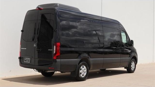 Black Mercedes-Benz Sprinter 2500 high-roof van, rear three-quarter view
