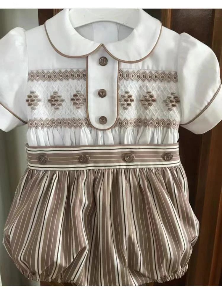 0-3Y Boy Summer Grey Smocked Outfit Suit for Party Birthday Photograph