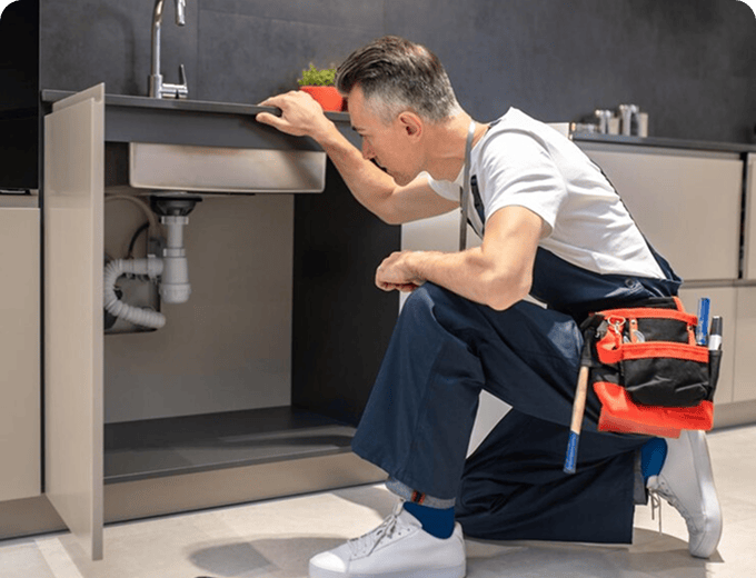 Maintenance professional inspecting plumbing beneath a kitchen sink.