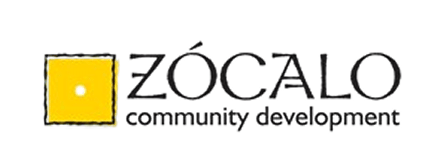 Zócalo community development logo with a yellow square icon and text “ZÓCALO” and “community development”