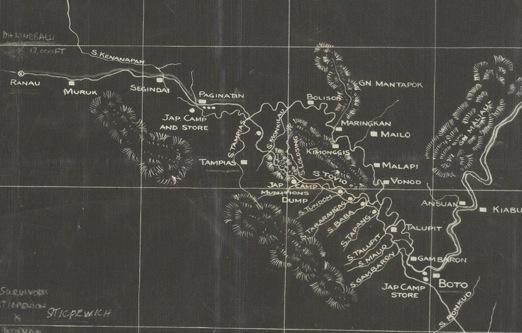Section of the War Graves Unit map, showing the track between Boto and Ranau. After crossing the Tapaang river, the track followed the Taviu River, to ascend the mountain beyond the Lolosing Camp. The descent ended at Monkolua River. (This blueprint is held at the Australian War Memorial, and is on display at Sandakan)