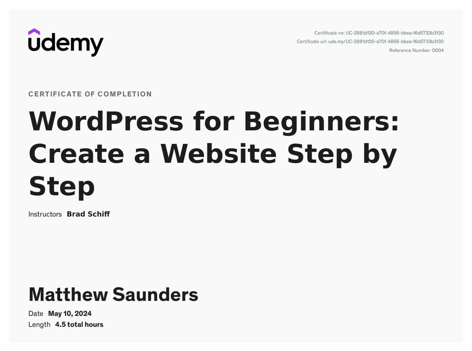 Certification for Udemy's "WordPress for Beginners: Create a Website Step by Step"