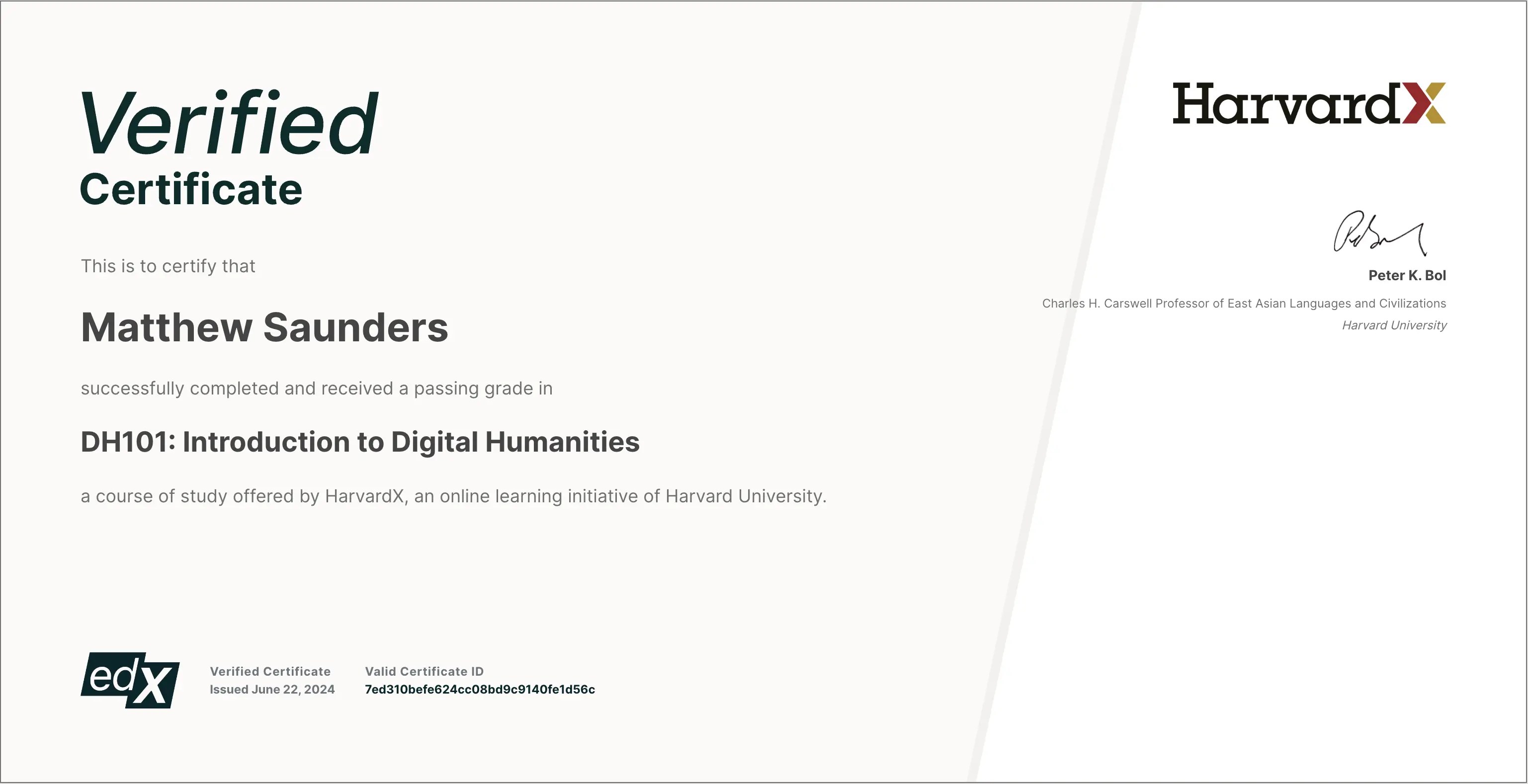 Certificate for Harvard University's "Introduction to Digital Humanities" online course offered via EdX
