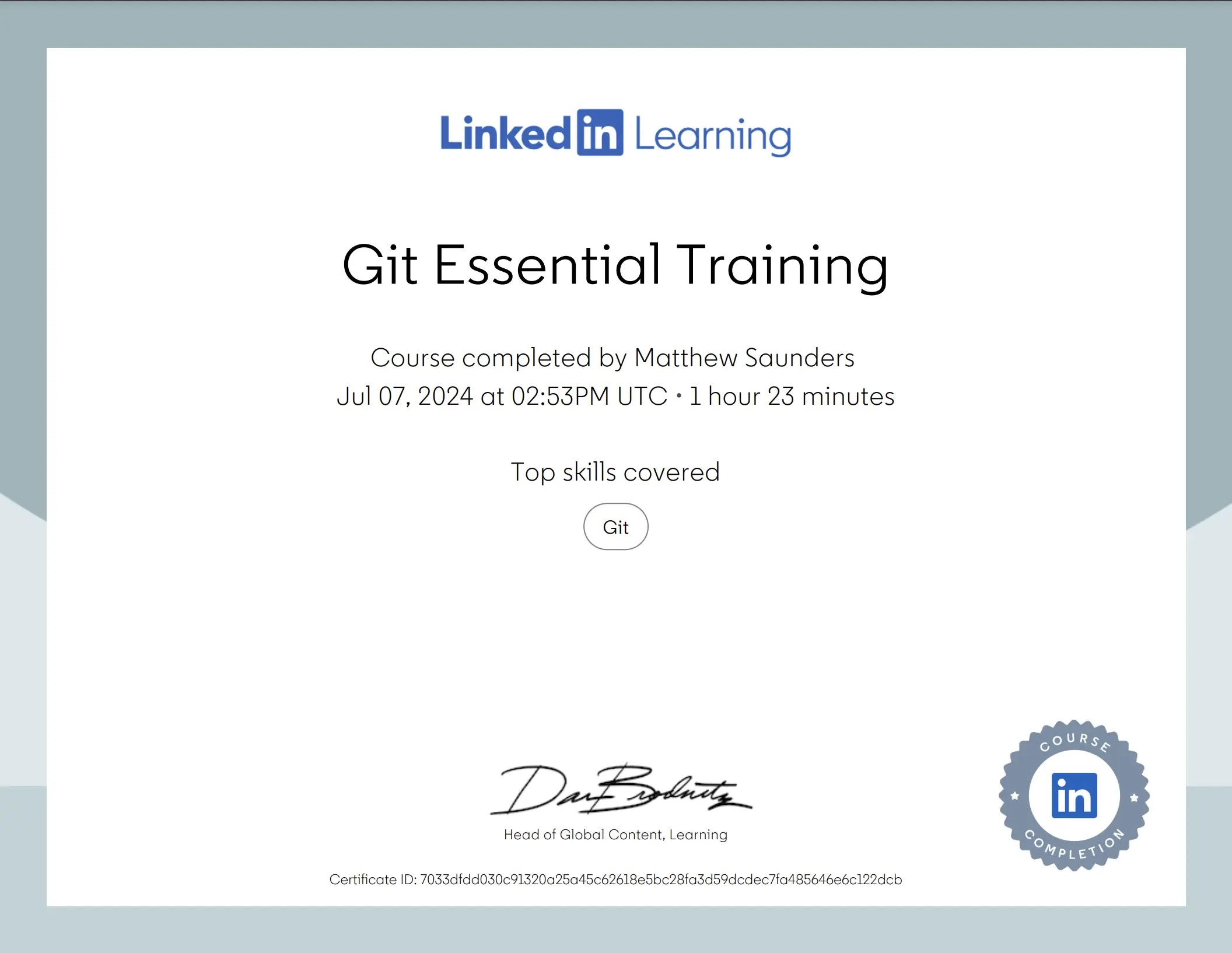 LinkedIn Learning's "Git Essential Training" Certificate