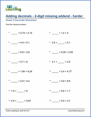 Grade 5 Addition Subtraction Of Decimals Worksheets K5