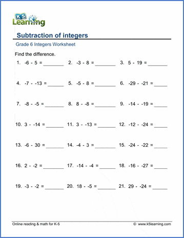 k5 learning grade 6 integers preschool k worksheets