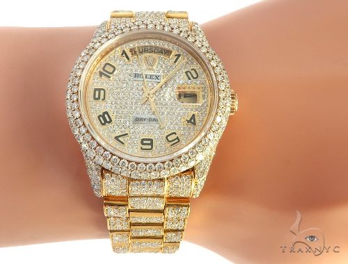Fully Iced Out Day Date Rolex Presidential Watch 65476 Mens Diamond Rolex Watch Collection Yellow Gold 18k Round Cut 16 70 Ct
