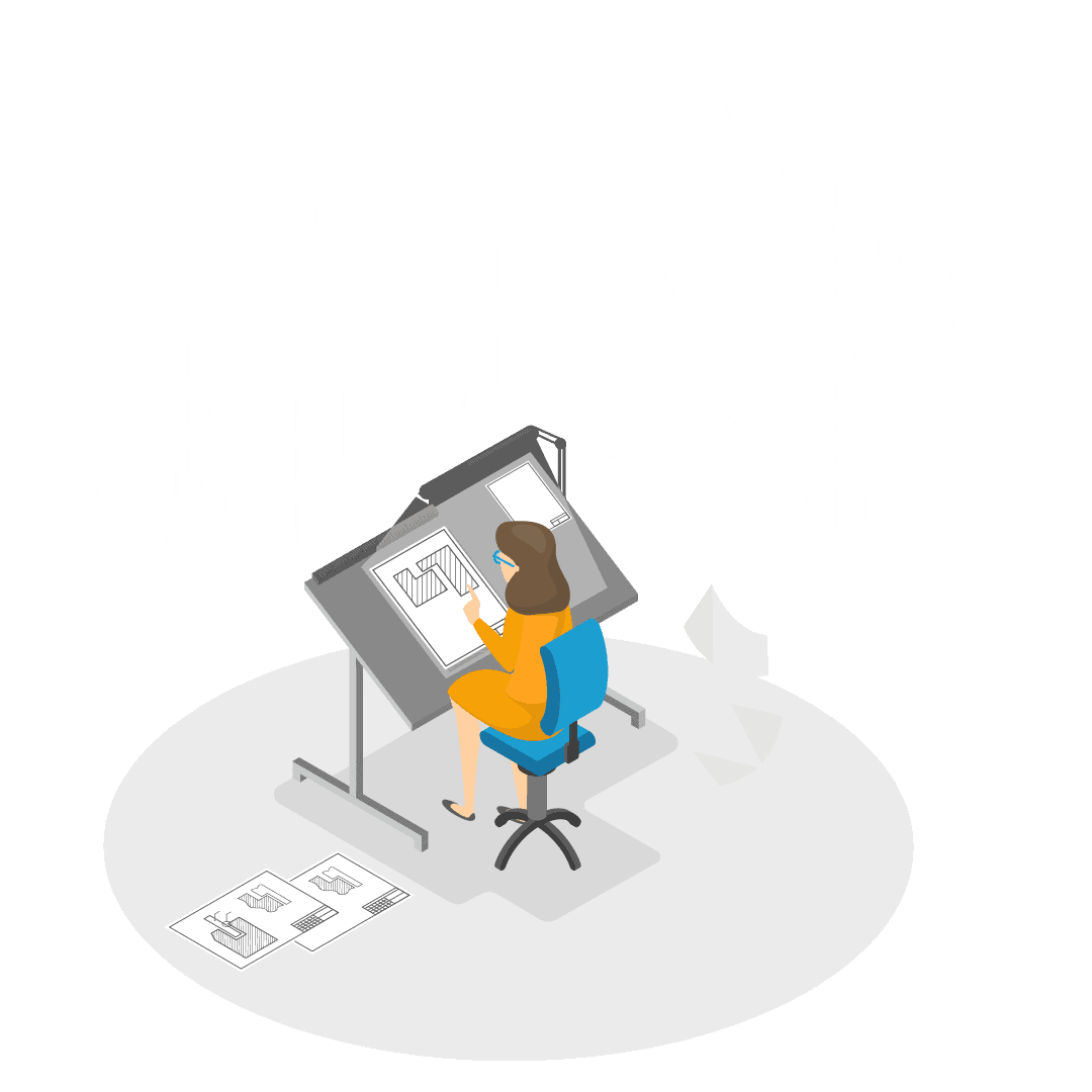 Blue desk designer working on architectural plans, digital design, creative workspace at M45 Creative, modern architectural rendering, professional design studio, innovative building concepts, cityscape background, 2D drafting, architectural visualization, creative process in architecture.