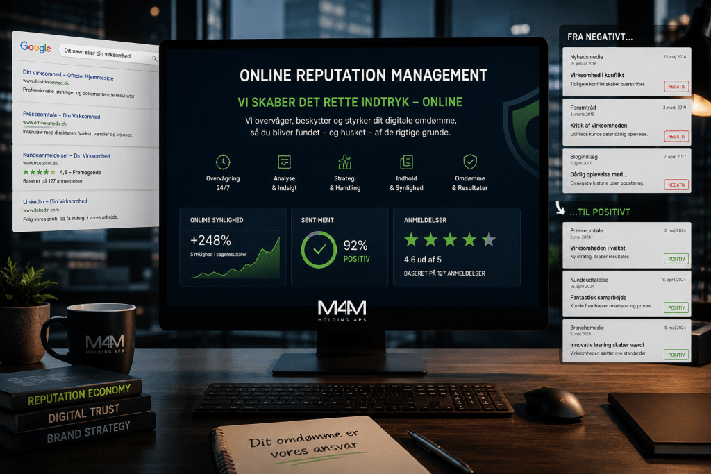 Online Reputation Management: Når Google bliver en del af dit omdømme 1 Illustration af Online Reputation Management, hvor en computerskærm viser analyse af Google-søgeresultater, online anmeldelser, SEO, digitalt omdømme og reputation management. Visualiserer strategisk arbejde med at beskytte og styrke virksomheders online omdømme. (Illustration: M4M Holding ApS)
