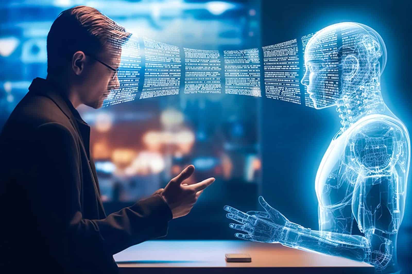 Business professional interacting with AI system to analyse data and support strategic decision making and performance improvement