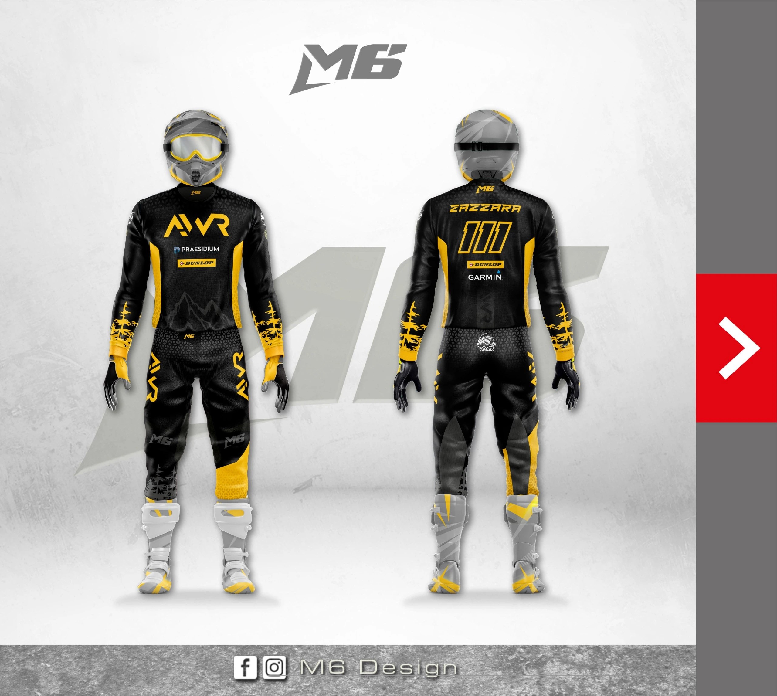 Abbigliamento da motocross M6 Design esposto in una grafica promozionale, mostrando una tuta moto personalizzata vista da fronte e retro. La tuta nera è accentata con grafiche moto gialle e dettagli bianchi, numerazione "007" e marchi partner. Completa l'outfit il logo personalizzato M6, guanti moto coordinati con grafiche personalizzate e stivali off-road. L'ensemble riflette la fusione di stile e funzionalità per l'abbigliamento enduro e motocross personalizzato