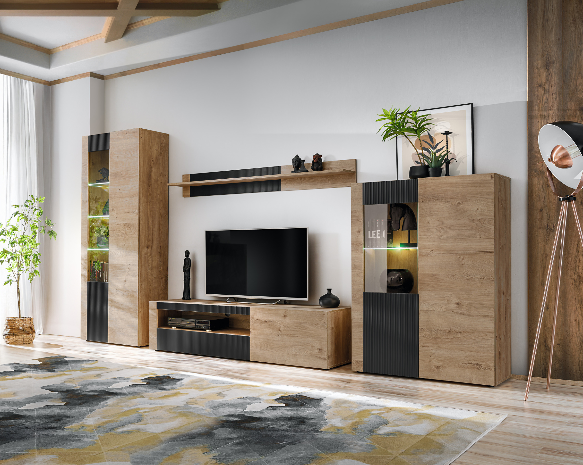 Meuble TV Aron – chêne Ribbeck / façades chêne Ribbeck, noir mat (rainuré) – 320 x 192 x 45 cm