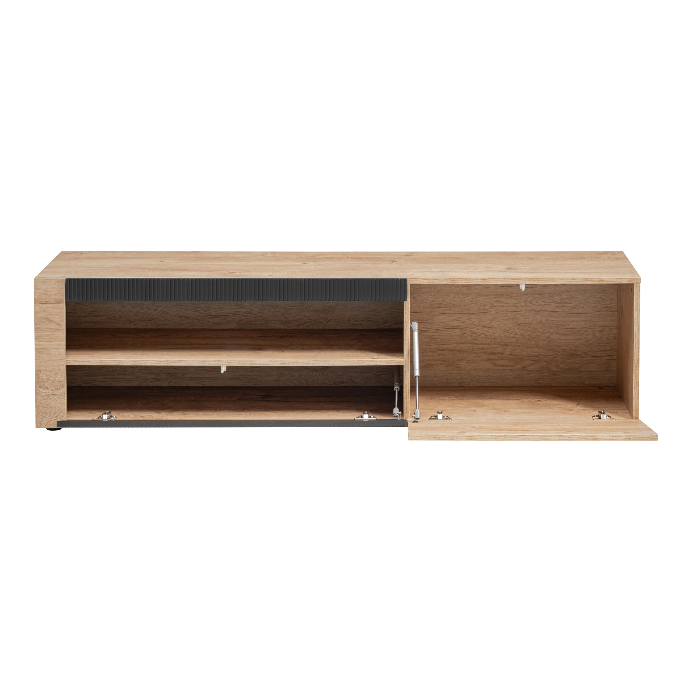 Meuble TV Aron – chêne Ribbeck / façades chêne Ribbeck, noir mat (rainuré) – 160 x 42 x 45 cm