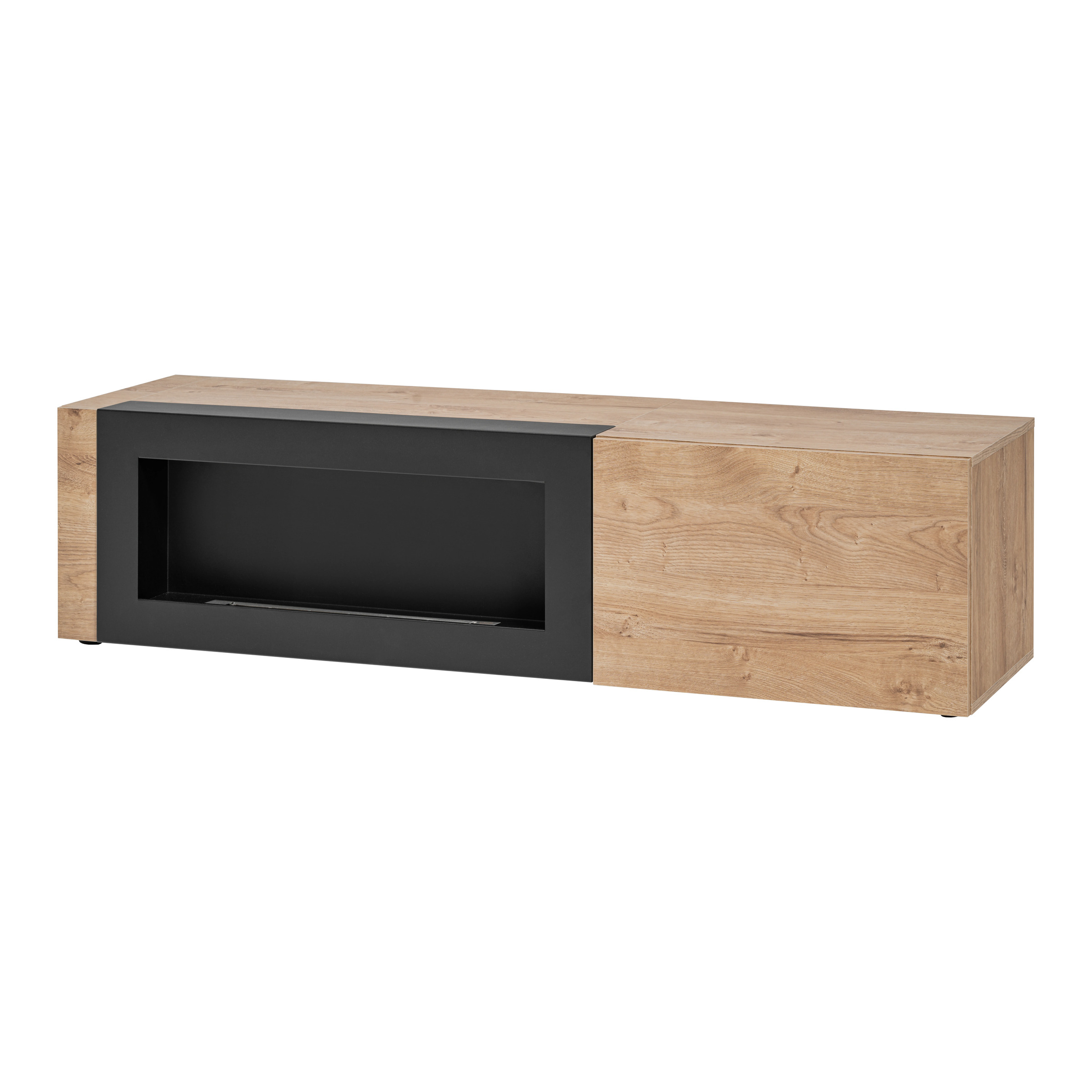 Meuble TV avec cheminée Aron – chêne Ribbeck / façades chêne Ribbeck, noir mat (rainuré) bio-cheminée – 160 x 42 x 45 cm