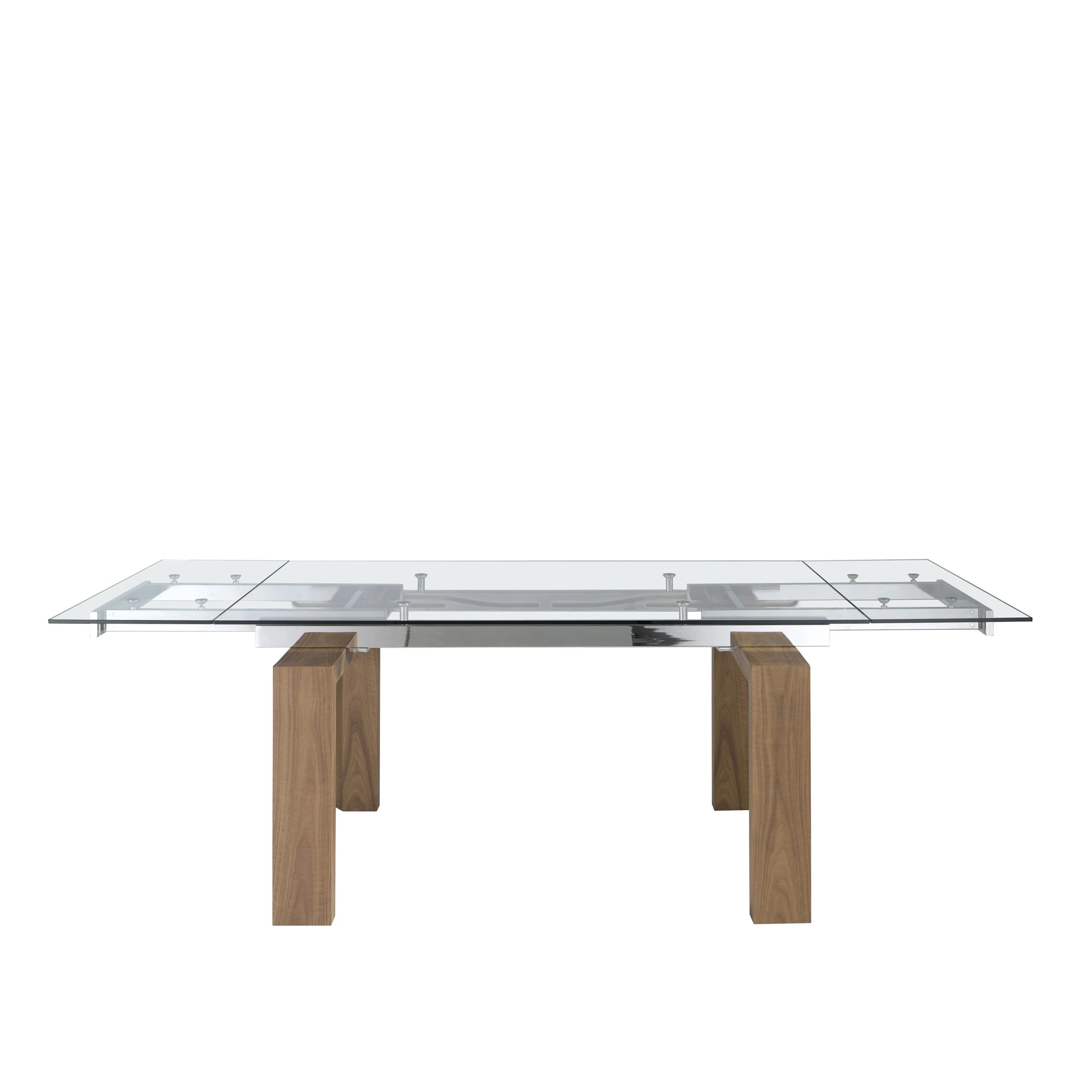 Table à manger à rallonge rectangulaire verre trempé et noyer