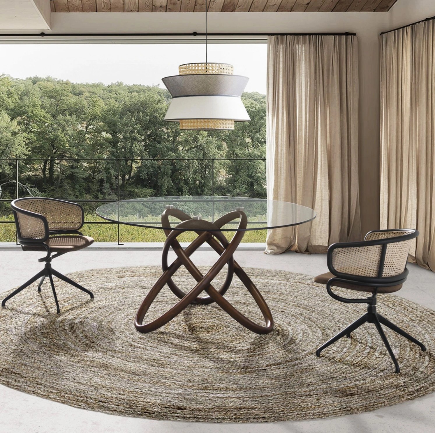 Table ronde 1020 — verre trempé + noyer