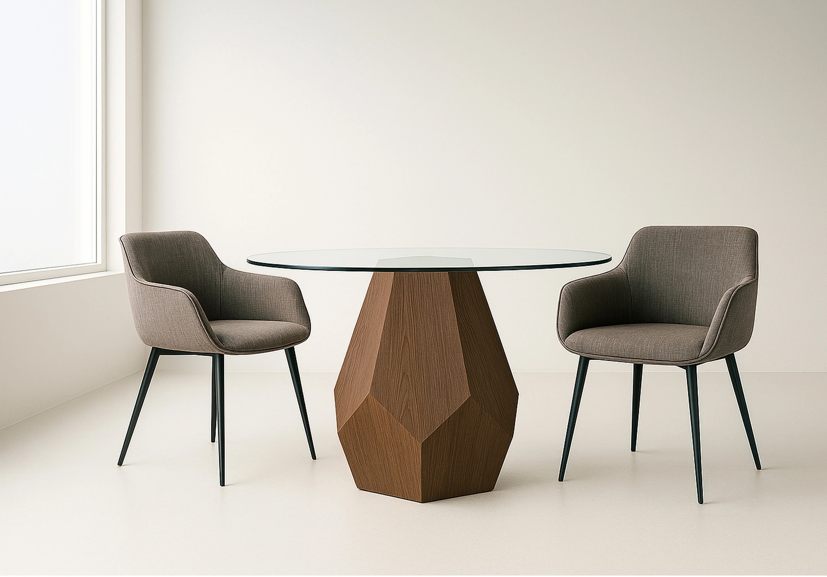 Table à manger ronde verre trempé et noyer