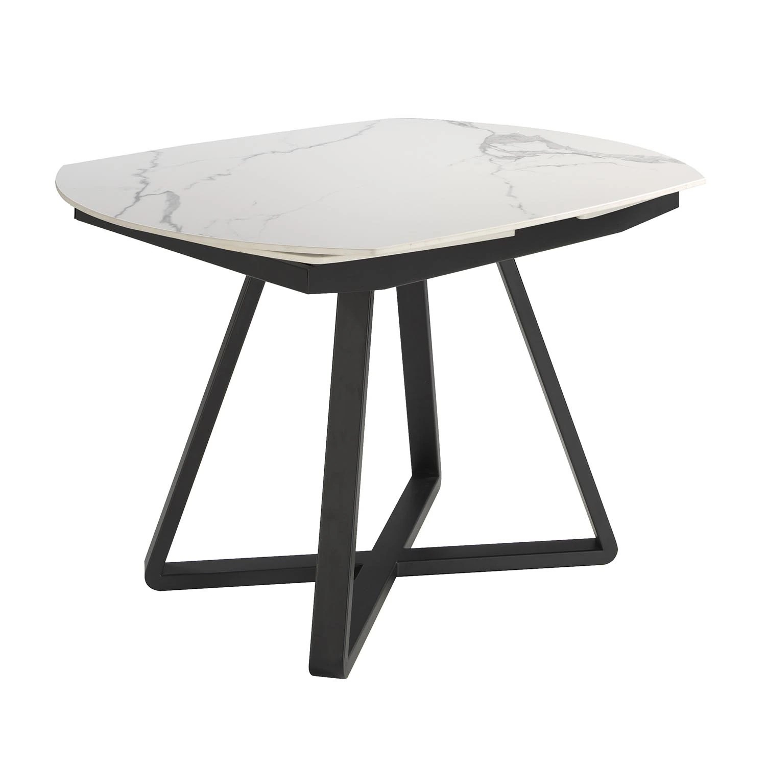 Table à manger à rallonge baril ovale marbre porcelaine et acier noir