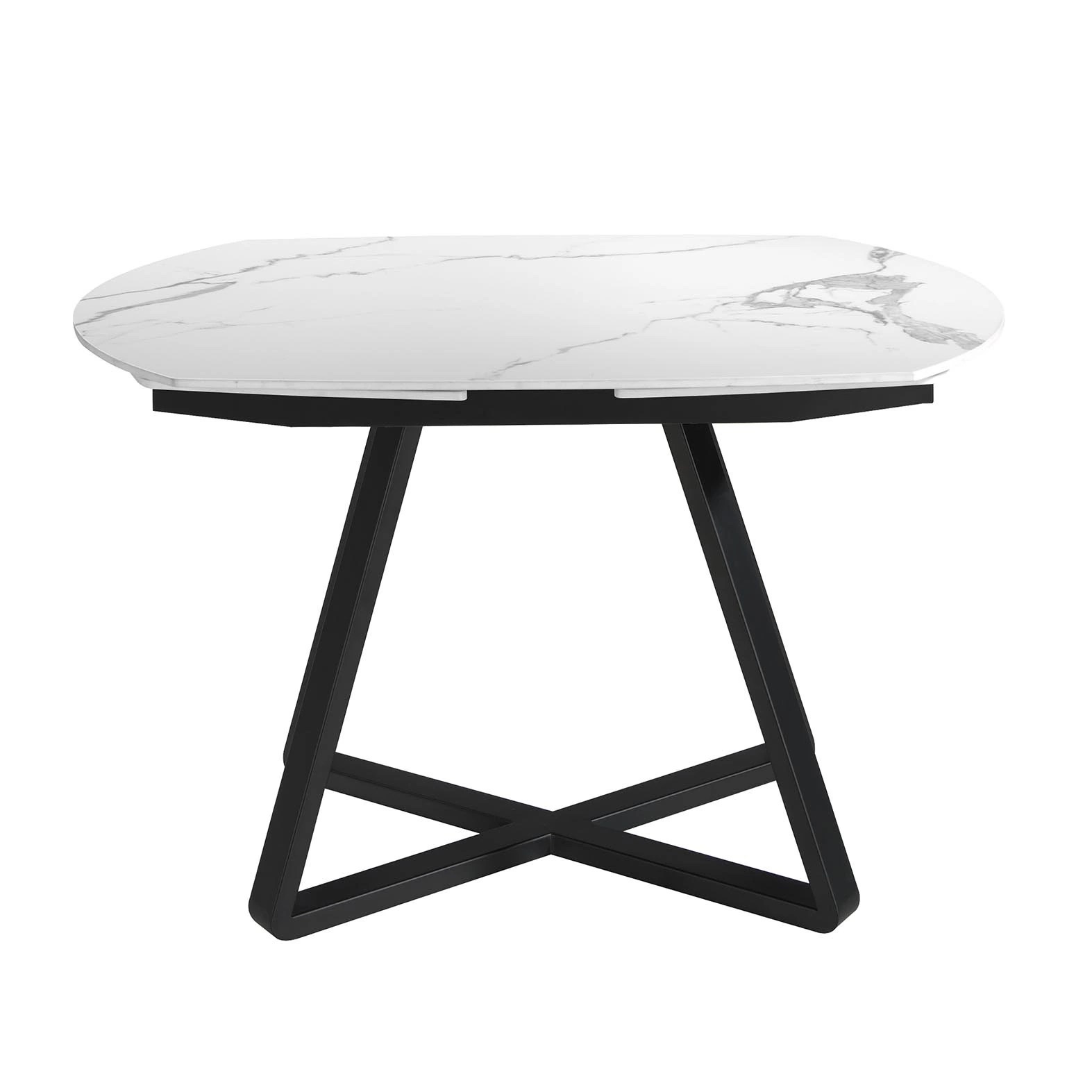 Table à manger à rallonge baril ovale marbre porcelaine et acier noir