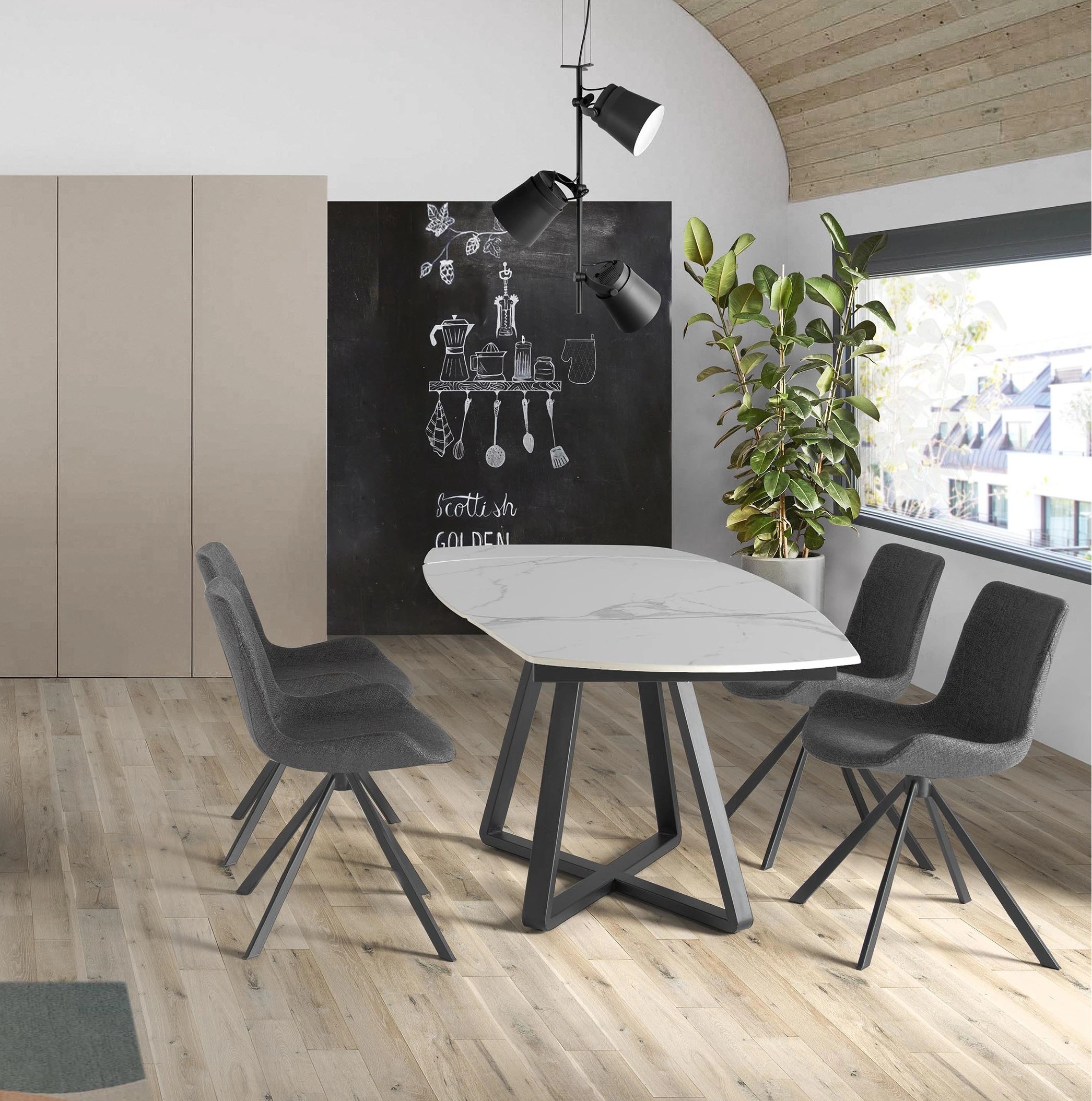 Table à manger à rallonge baril ovale marbre porcelaine et acier noir