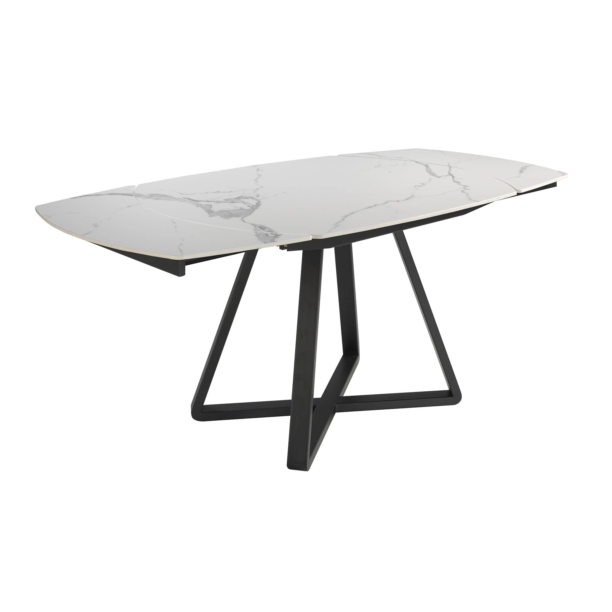 Table à manger à rallonge baril ovale marbre porcelaine et acier noir