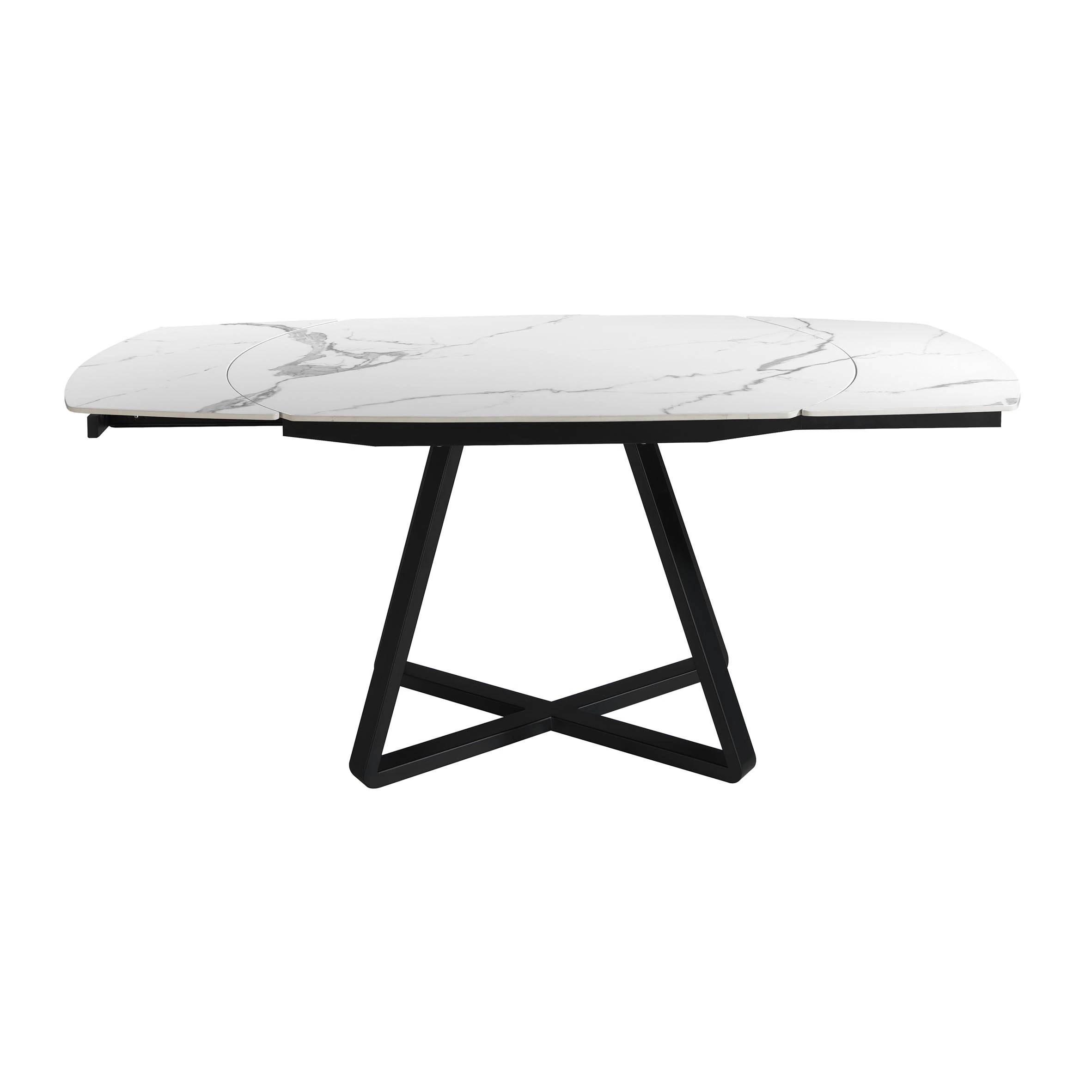 Table à manger à rallonge baril ovale marbre porcelaine et acier noir