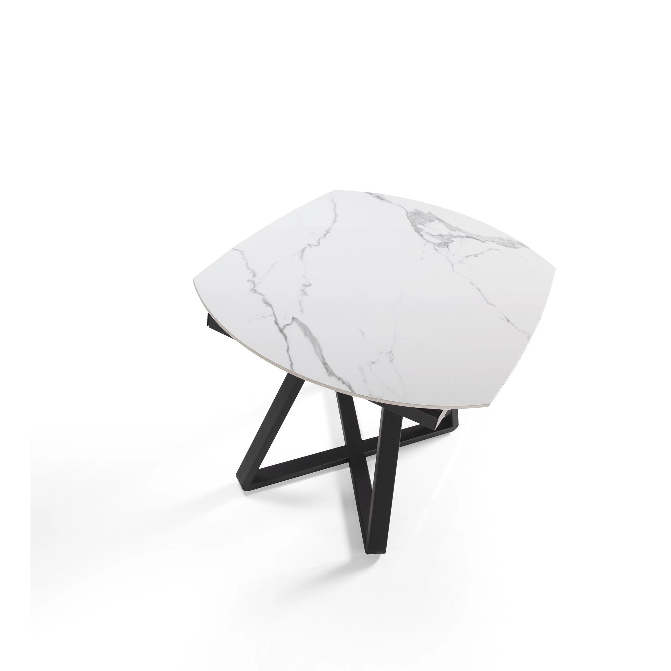 Table à manger à rallonge baril ovale marbre porcelaine et acier noir