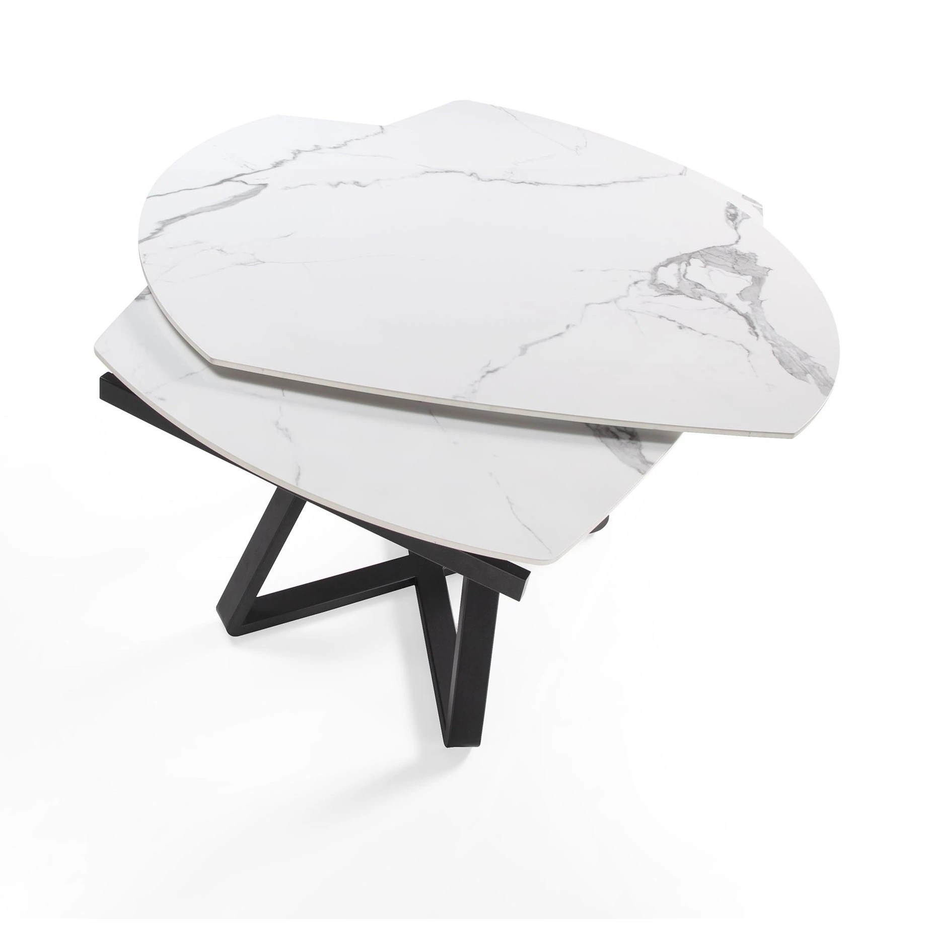Table à manger à rallonge baril ovale marbre porcelaine et acier noir