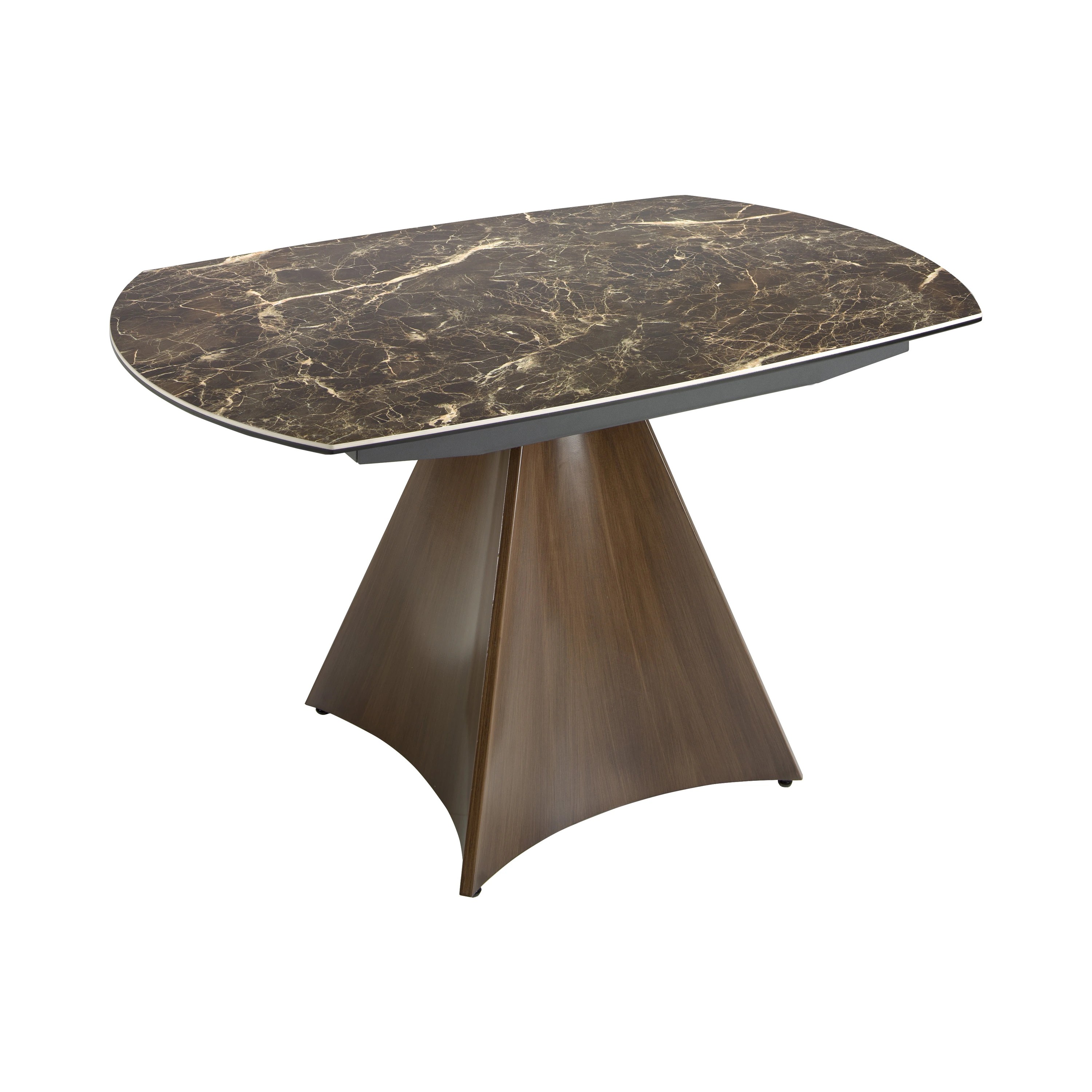 Table à manger à rallonge baril ovale marbre porcelaine et acier effet noyer
