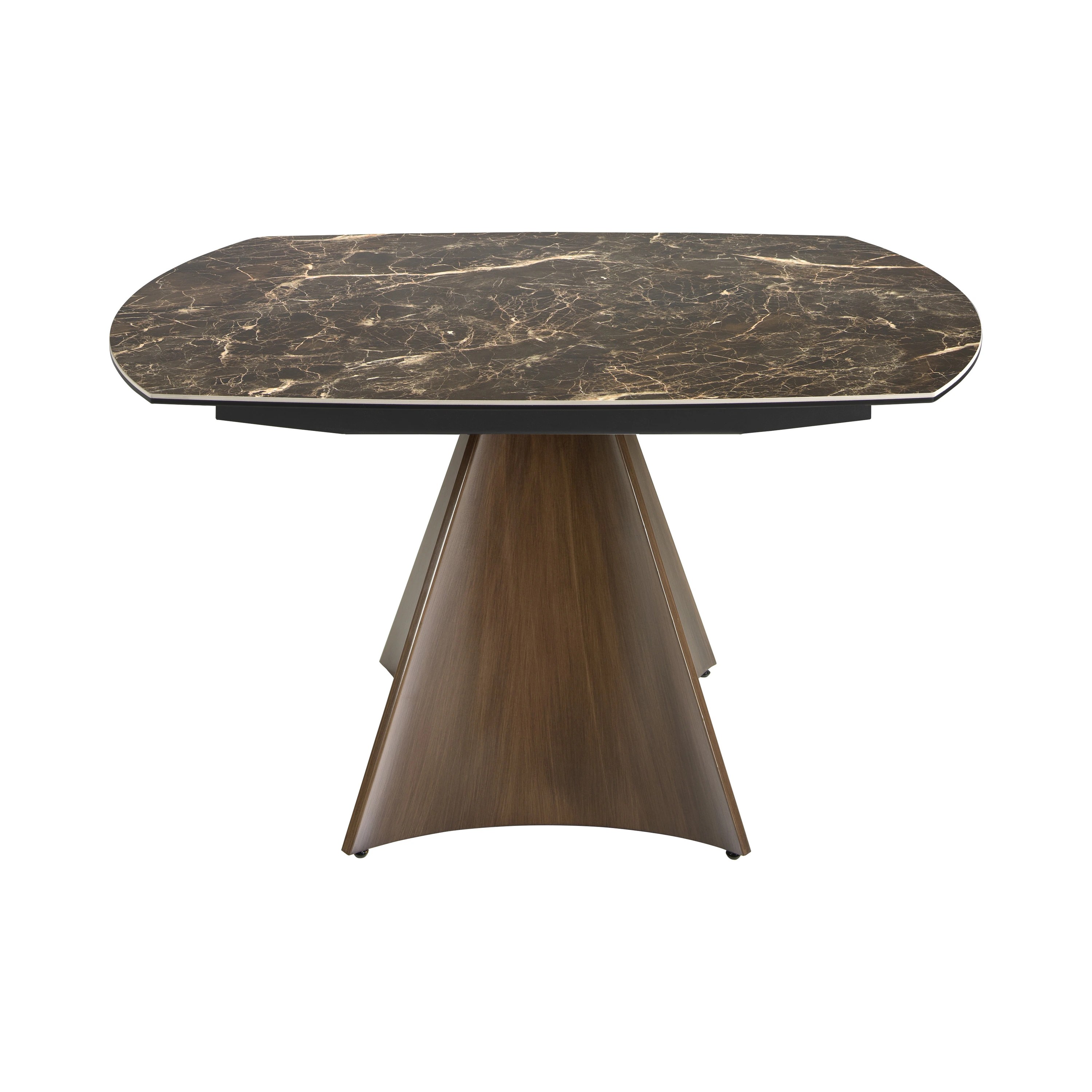 Table à manger à rallonge baril ovale marbre porcelaine et acier effet noyer