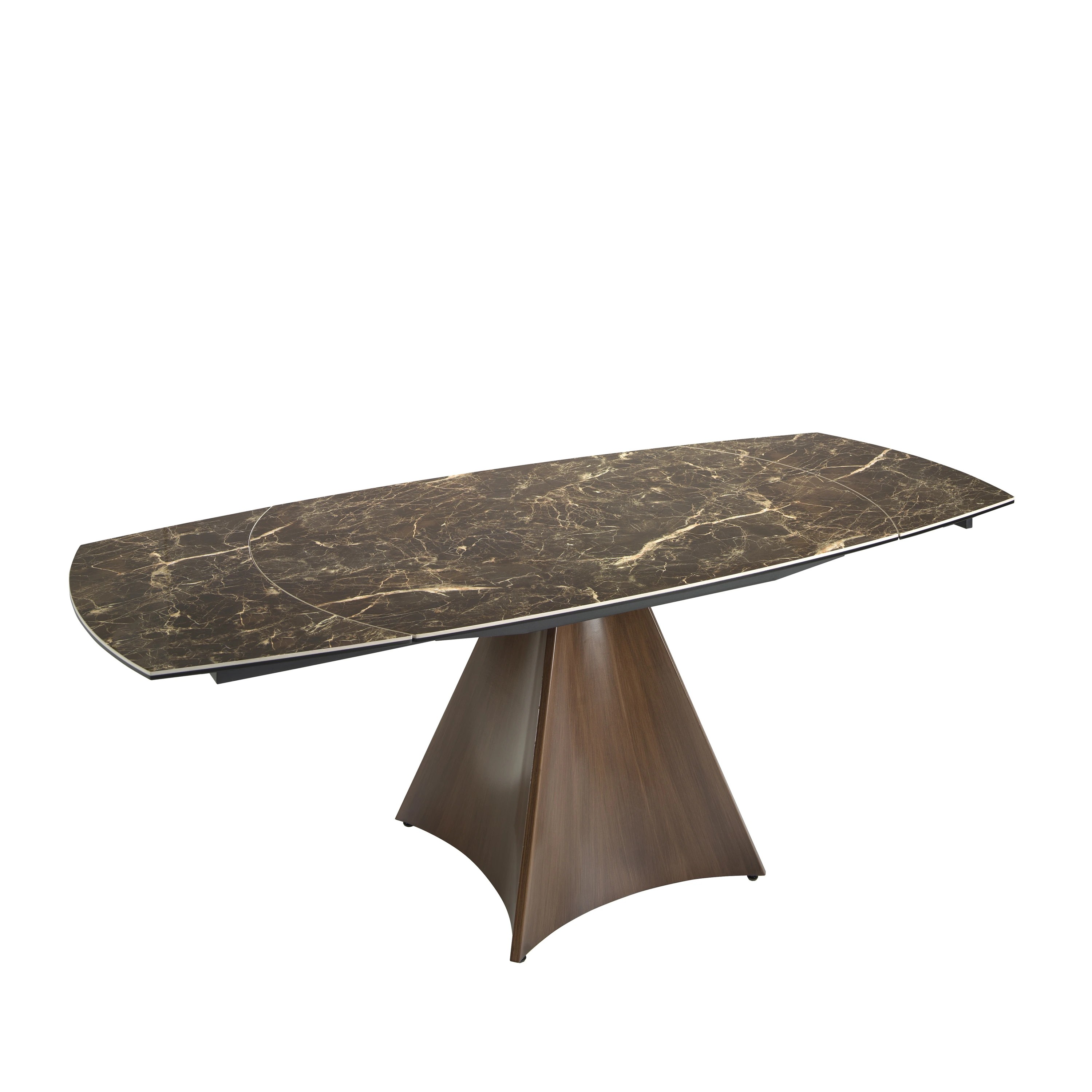 Table à manger à rallonge baril ovale marbre porcelaine et acier effet noyer