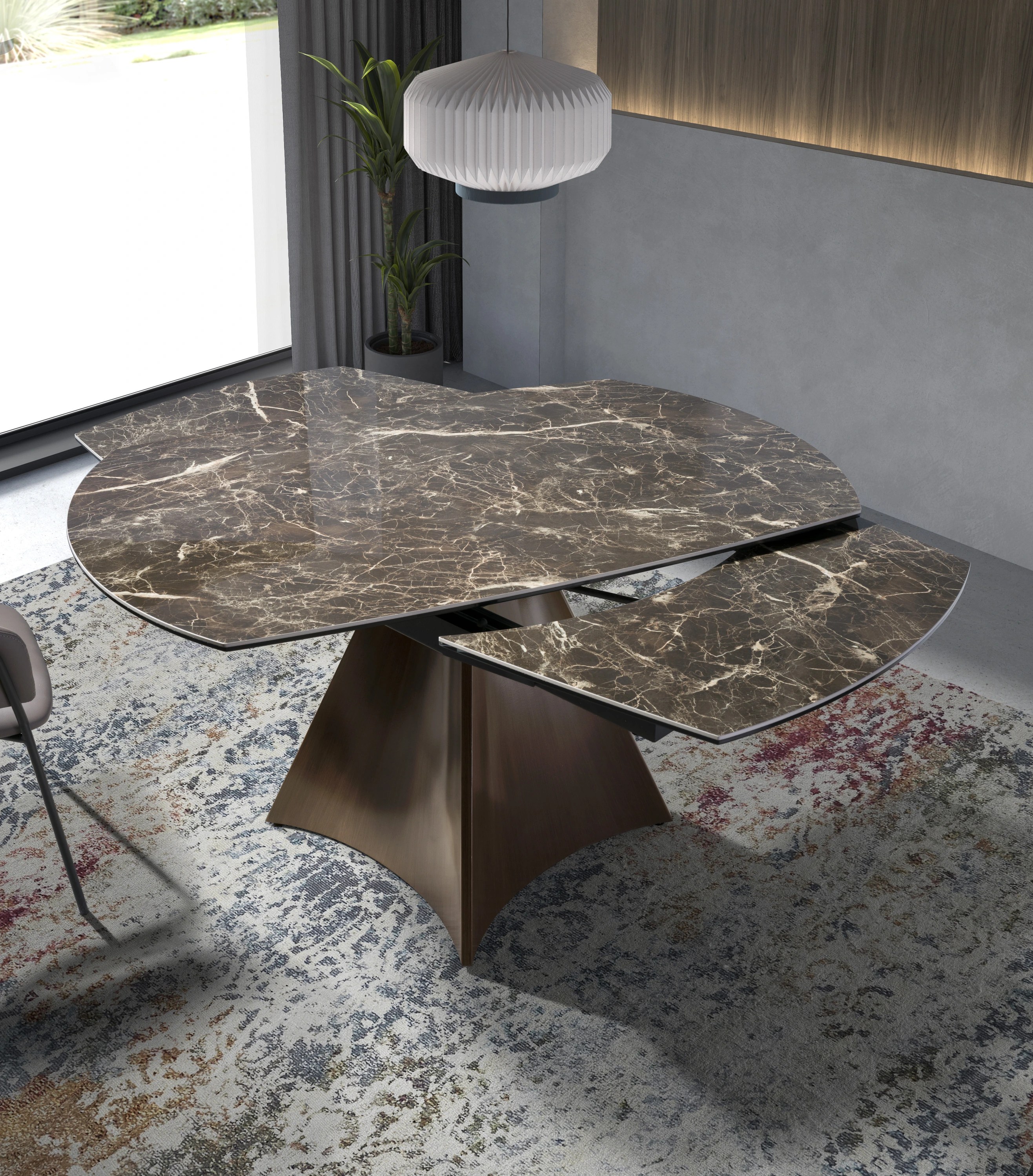 Table à manger à rallonge baril ovale marbre porcelaine et acier effet noyer