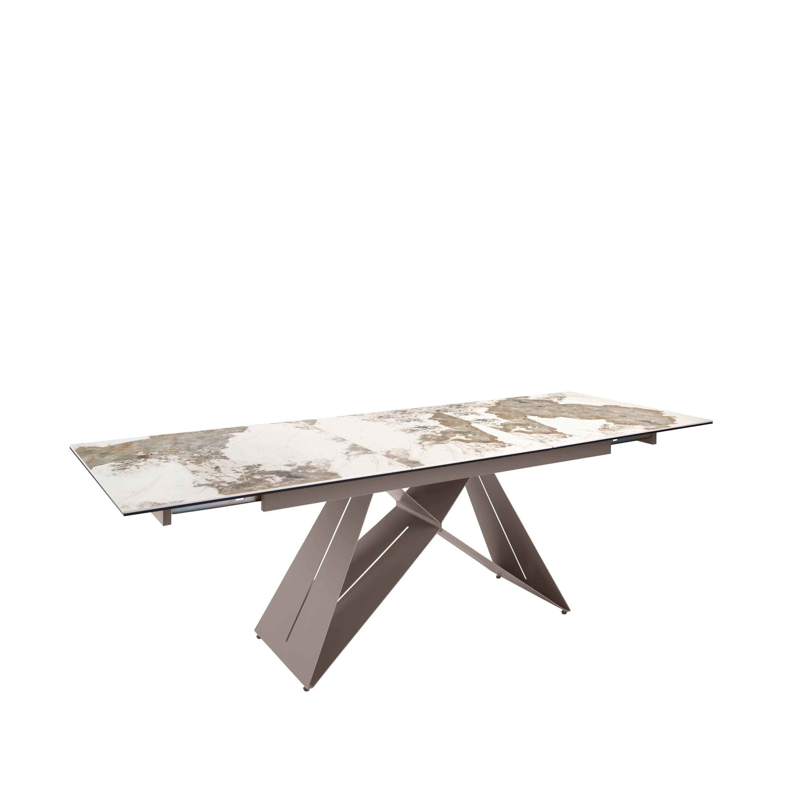Table de salle à manger rectangulaire à rallonge en marbre porcelaine et acier gris taupe