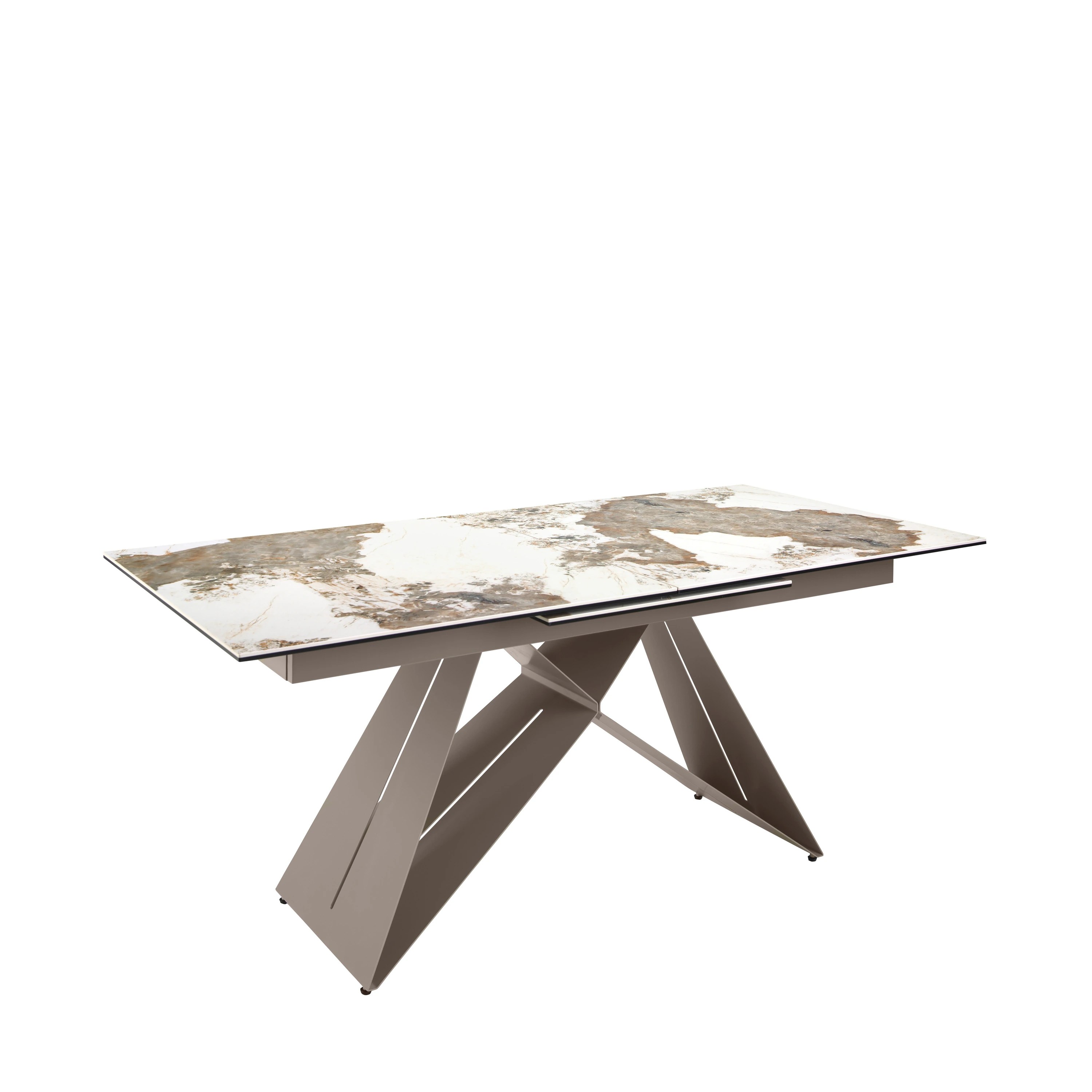 Table de salle à manger rectangulaire à rallonge en marbre porcelaine et acier gris taupe
