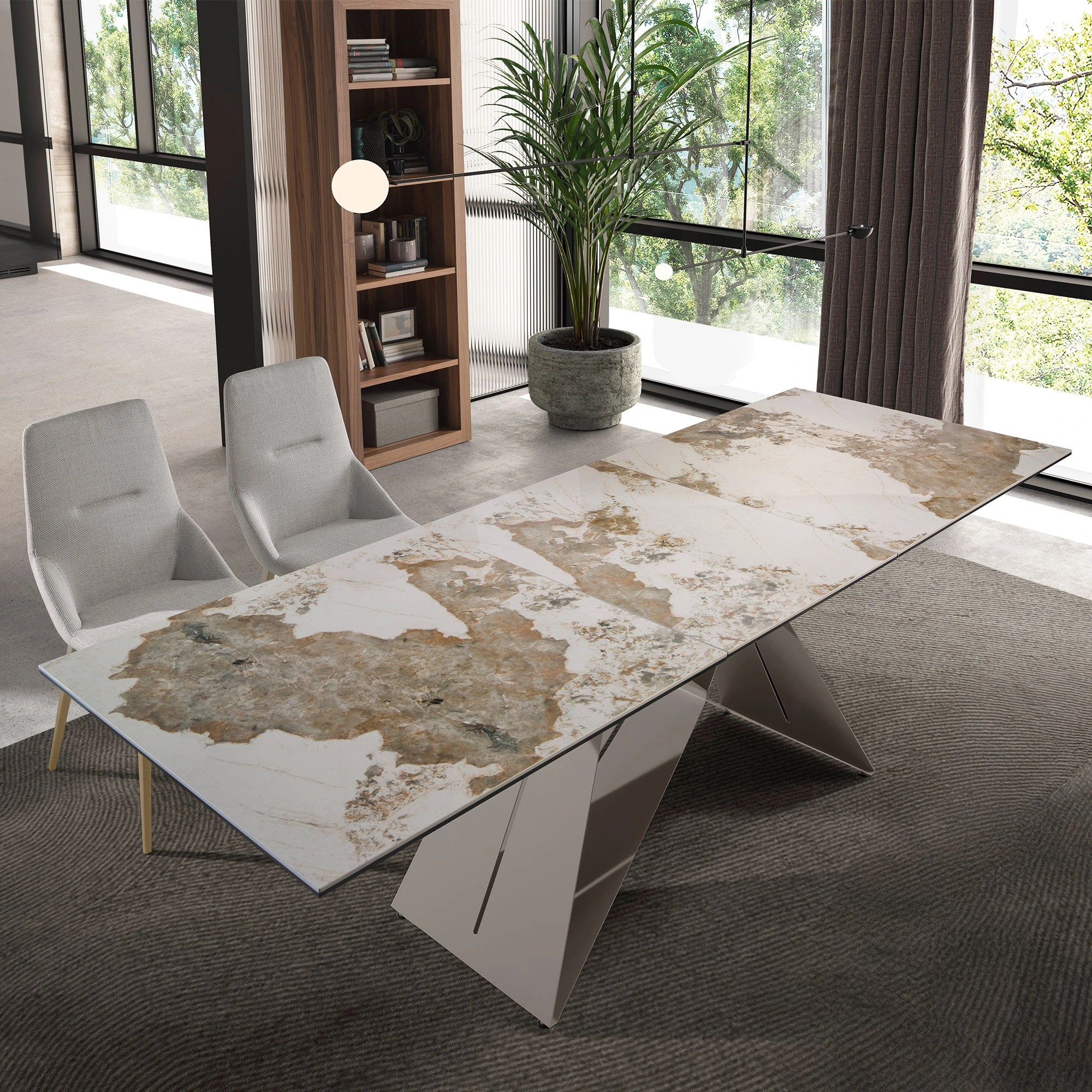 Table de salle à manger rectangulaire à rallonge en marbre porcelaine et acier gris taupe