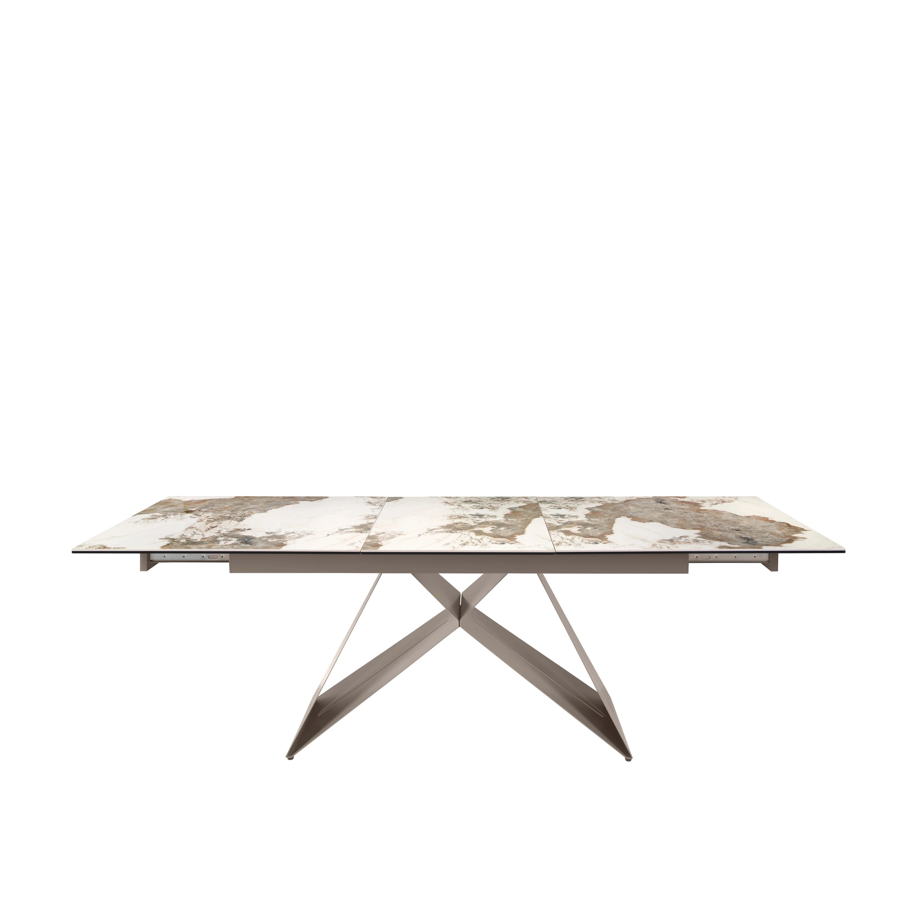 Table de salle à manger rectangulaire à rallonge en marbre porcelaine et acier gris taupe