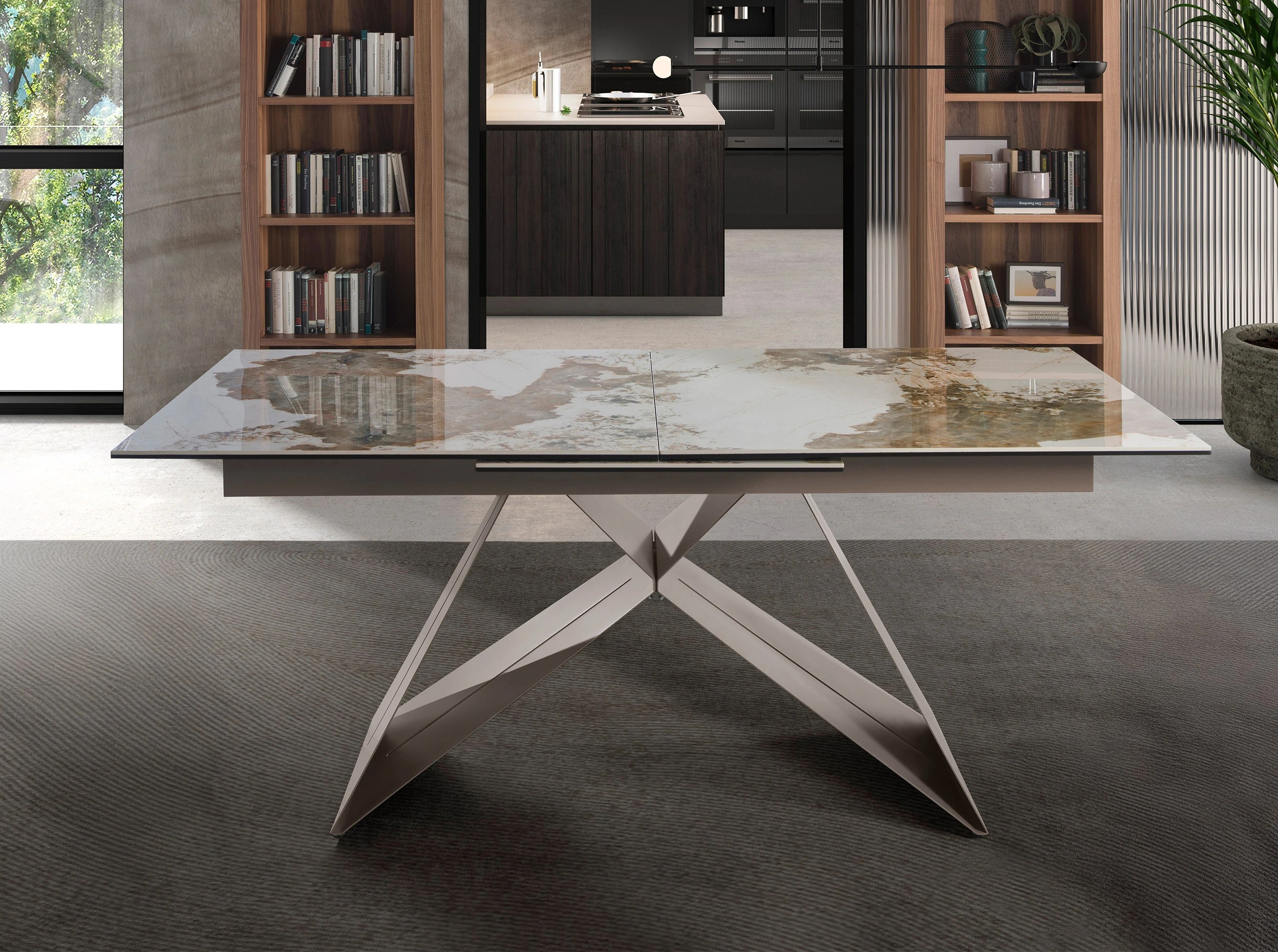 Table de salle à manger rectangulaire à rallonge en marbre porcelaine et acier gris taupe