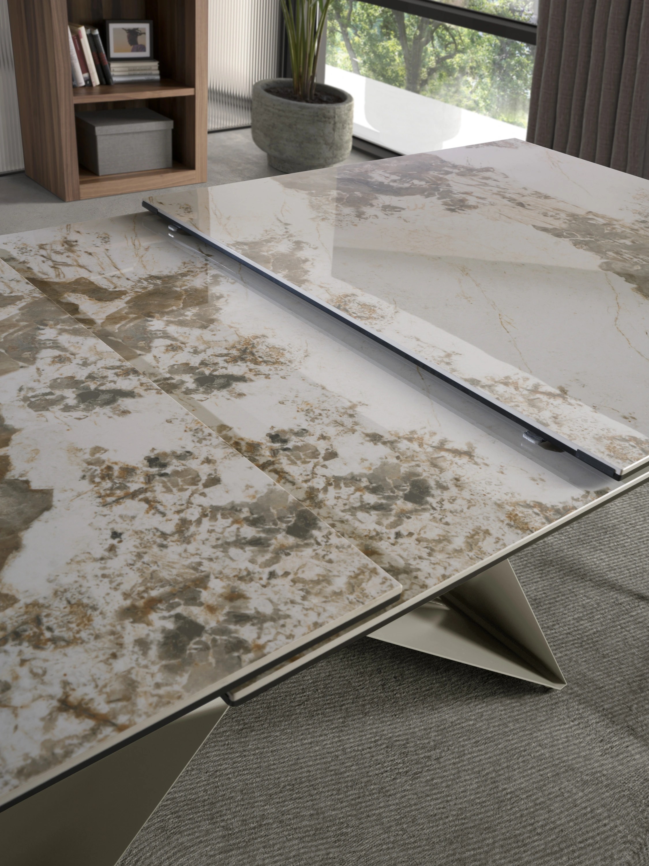 Table de salle à manger rectangulaire à rallonge en marbre porcelaine et acier gris taupe