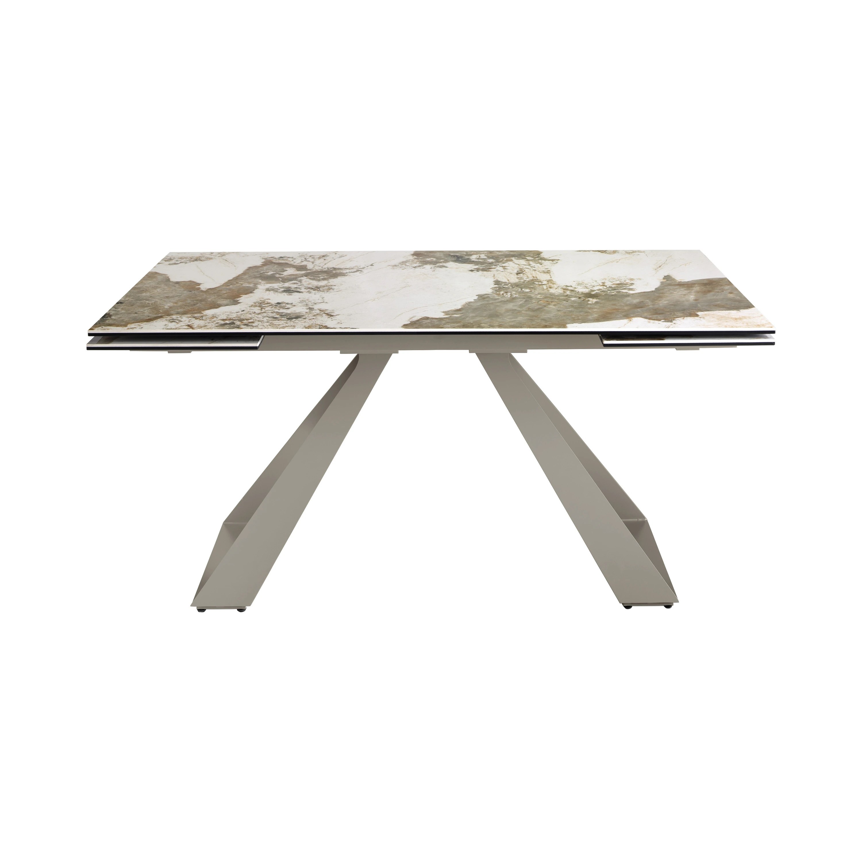 Table de salle à manger rectangulaire à rallonge en marbre porcelaine et acier gris taupe