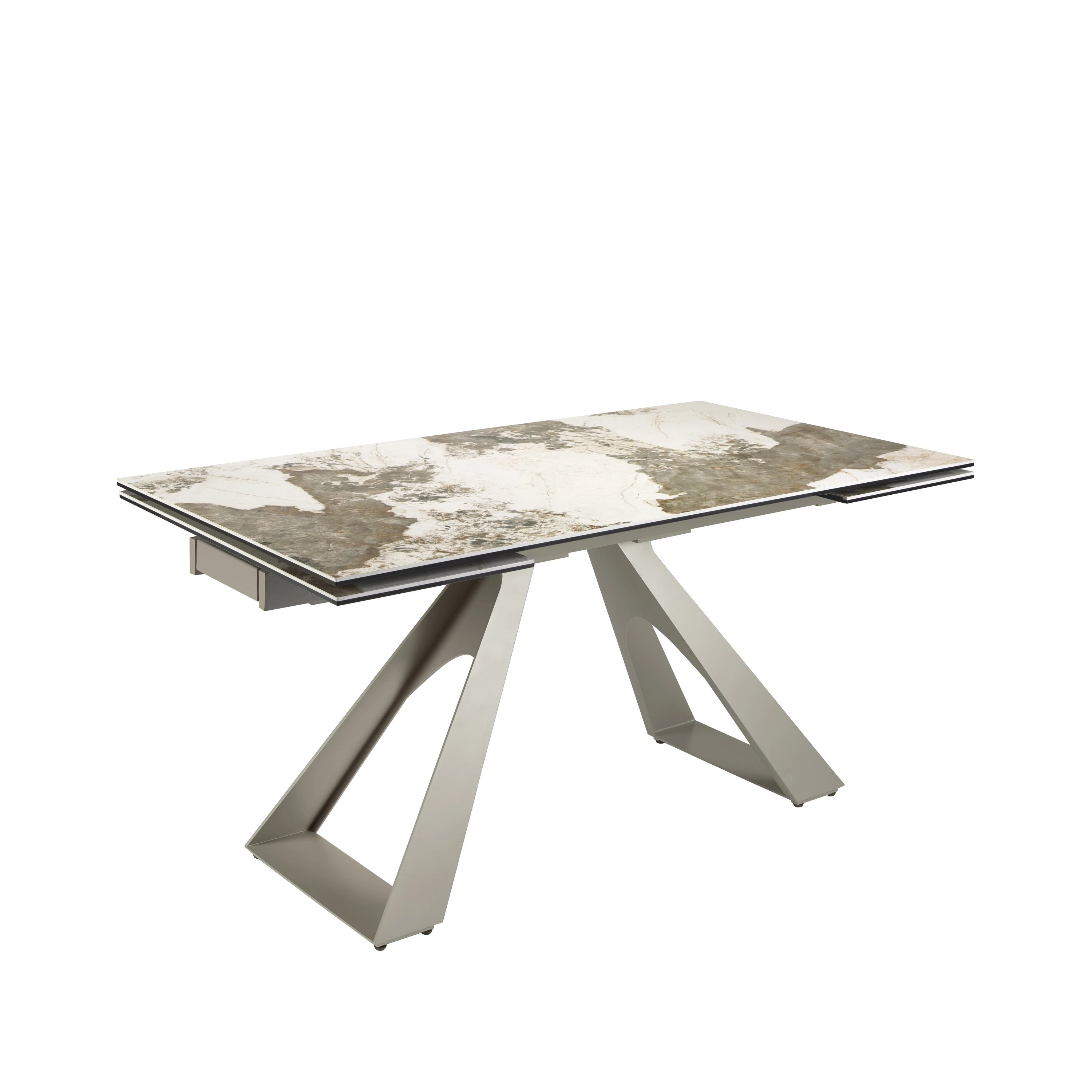 Table de salle à manger rectangulaire à rallonge en marbre porcelaine et acier gris taupe