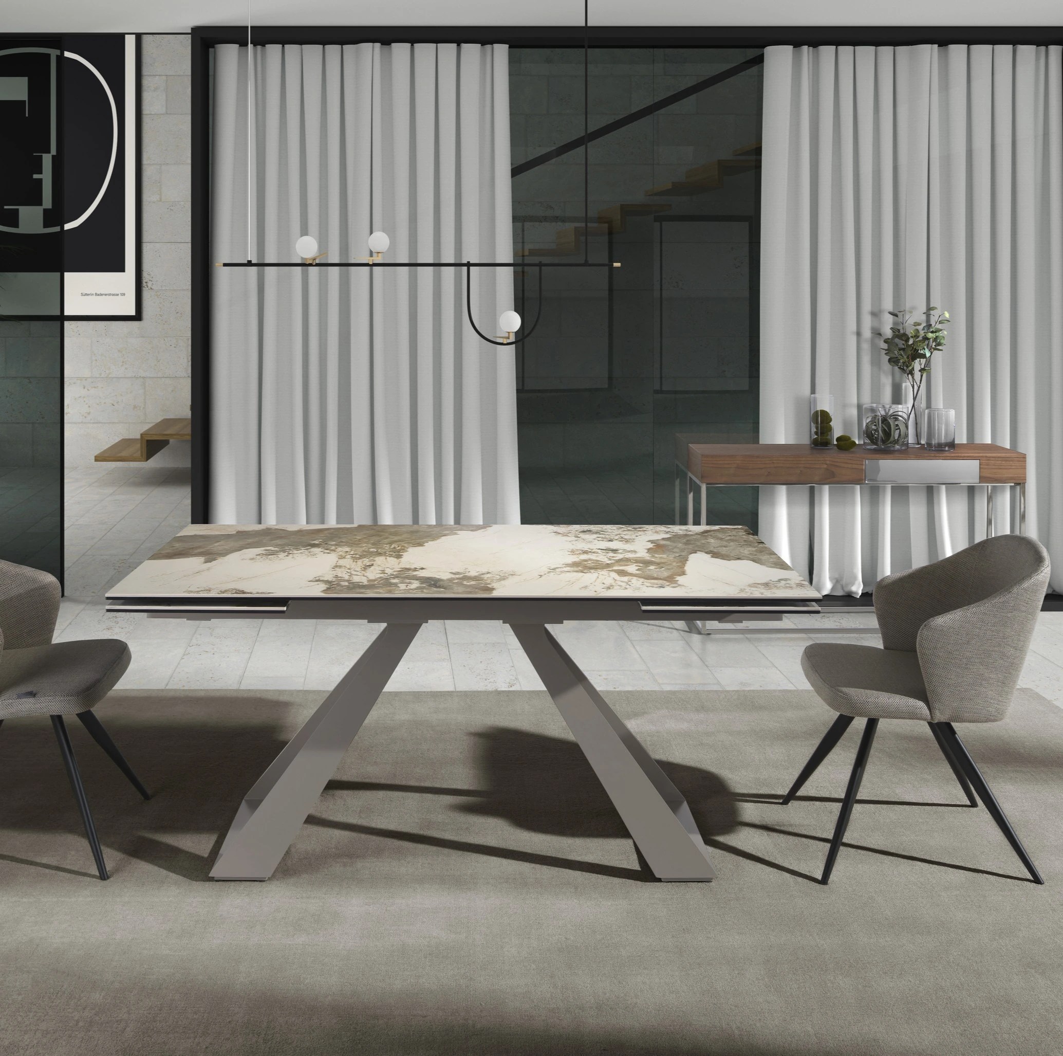 Table de salle à manger rectangulaire à rallonge en marbre porcelaine et acier gris taupe